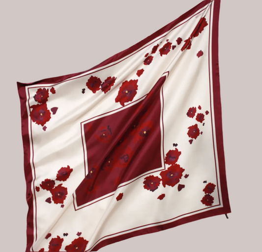 90x90cm silk scarf square with abstract burgundy red peonies on champagne silk
