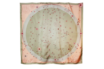 A square silk scarf featuring a celestial design with a large central pale green circle containing stars and the Leo constellation, surrounded by a peach-pink border and a muted sage green edge.