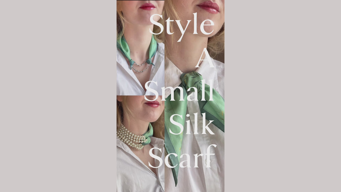 Silk scarf styling tutorial for how three ways to style a smaller silk scarf using a shirt button, a bracelet, and a string of pearls, by The Line Atelier