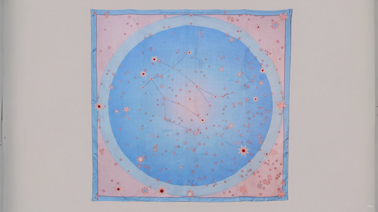 A square silk scarf featuring a celestial design of the Gemini constellation with a large light blue circle, constellation lines, and small stars on a soft pink background, finished with a light blue border and line art of ballet dancers in pairs.