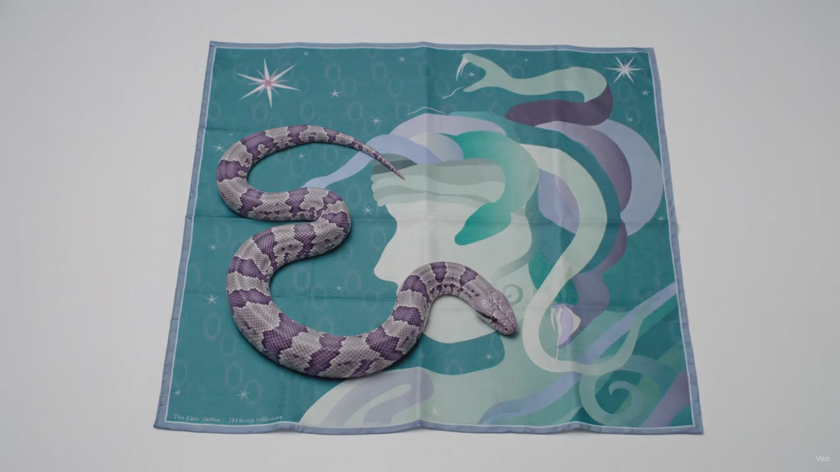 Halcyon Medusa silk scarf with illustration of snake moving over it.