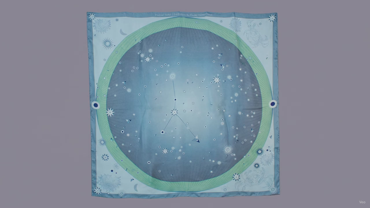 A square scarf featuring a celestial design with a light blue starry sky, a green ring, and the Cancer constellation patterns, hanging on a brown wall.