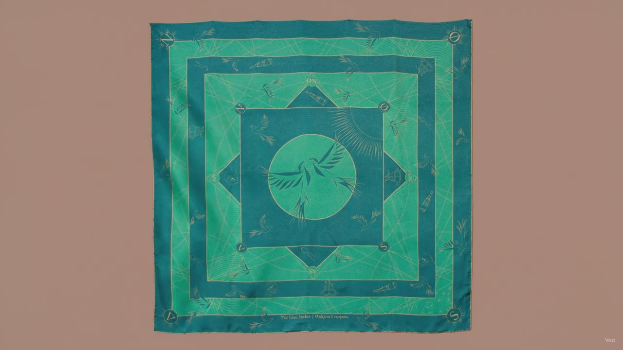 A large square silk scarf, Halcyon Compass by The Line Atelier, with a green and teal geometric pattern featuring a central bird motif, hanging on a brown wall.