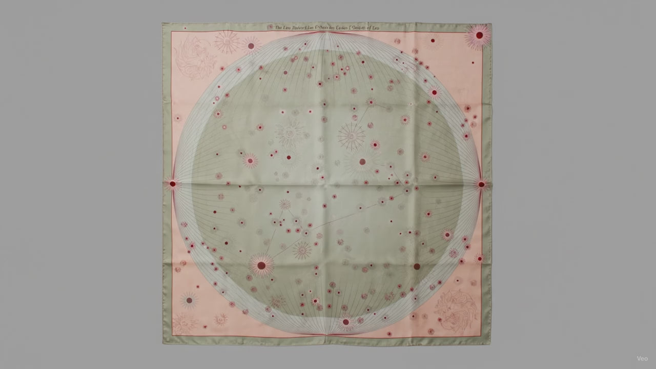 A square silk scarf featuring a celestial design with a large central pale green circle containing stars and the Leo constellation, surrounded by a peach-pink border and a muted sage green edge.